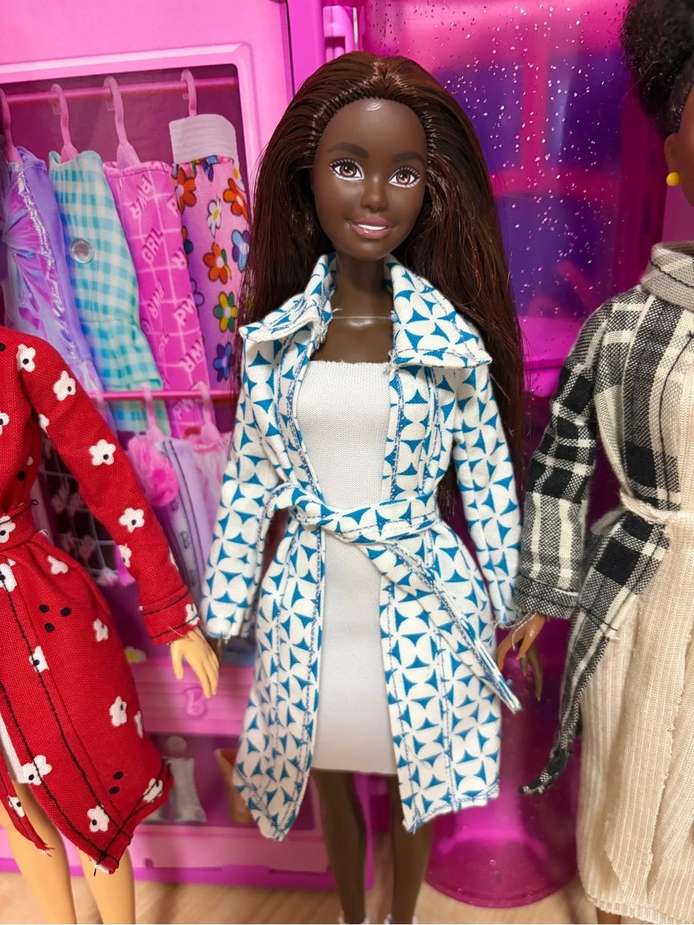 Barbie Dolls Outfit Set with Blue Patterned Trench and Black Plaid Coat